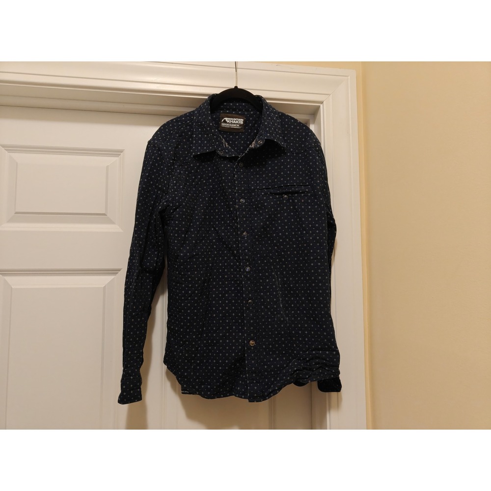 Mountain Khakis Mens Easton Dobby Shirt Navy Blue Geometric Classic Fit Medium